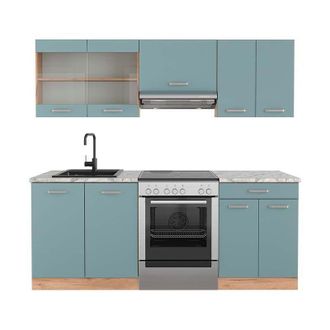 Vicco Cucina componibile R-Line, Rovere blu-grigio/oro, 200 cm, pl Marmo