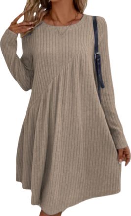 Generic Womens Knit Long Sleeve Sweater Dress Crew Neck Empire Waist Tunic Sweater Dress Fall Winter Khaki