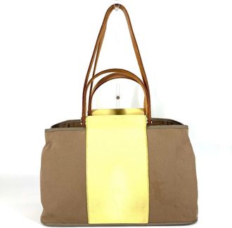 Herm&egrave;s Beige Yellow Leather Canvas Shoulder Bag Tote Bag (Pre-Owned)