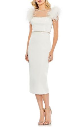 Mac Duggal Feather Cap Sleeve Pearl Embellished Midi Dress in White at Nordstrom, Size 10