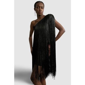 Karen Millen Asymmetric Draped Fringe Mini Dress in Black at Nordstrom, Size X-Small