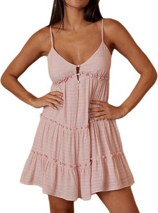 Generic Women Lace Trim Mini Dress Ruffle Flowy Babydoll Cami Dress Boho Spaghetti Strap Loose Slip Dresses