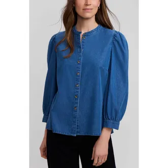 Foxcroft Helsa Puff Sleeve Denim Shirt in Medium Wash Blue at Nordstrom, Size X-Small