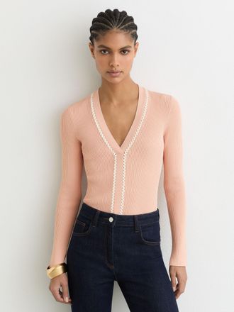 Reiss Pink & Craft-stitch Rib-knit Top, XS