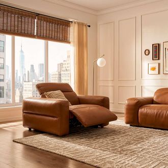 Castlery Leather Slim Arm Recliner Armchair with Feather Filled Seats - Brown | Castlery