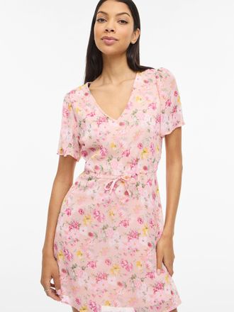 Vila Minikleid VILA VIFALIA V-NECK S/S SHORT DRESS- NOOS, Damen, Gr. 34, N-Gr, misty rose aop:flower, Web, Obermaterial: 100% Polyester, bedruckt, regular 