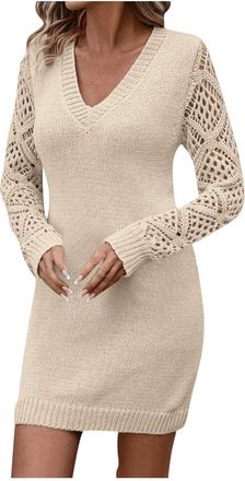 Generic Jumper Dress for Women UK Hollow Out Sexy V Neck Knitted Dress Casual Loose Solid Long Sleeve Dress Ladies Elegant Short Mini Dress Pullover Sweater K