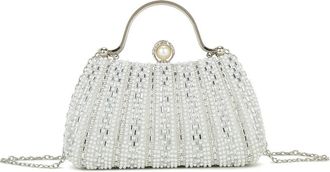 Girly HandBags Beaded Evening Clutch Purse for Women with Pearl Handle and Chain Strap - Wedding, Party, Prom Handbag Medium Silver