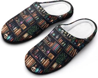 Generic Bookshelf And Skull Mens Slippers Memory Foam Winter Warm Sandals Slip On House Shoes Size 7-14