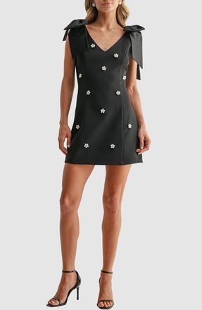 All in Favor Bow Shoulder Embellished Minidress in Black at Nordstrom, Size Xx-Small