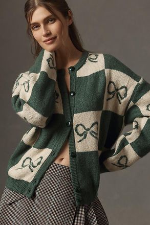 Lisa Says Gah Bow Check Cardigan Sweater