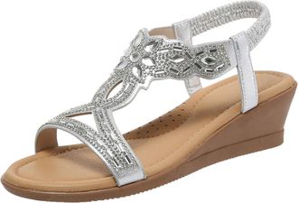 Generic Women Sloping Heel Thick Sole Bohemian Beach Sandals Fashionable Footwear For Outdoor Summer Walking (Silver, 6.5)