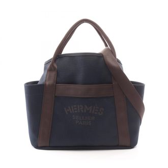 Herm&egrave;s Brown Navy Canvas Toile Chevron Handbag Tote Bag (Pre-Owned)