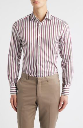 Eterna Slim Fit Stripe Non-Iron Cotton Twill Dress Shirt in Red Grey at Nordstrom, Size 16.5 - L