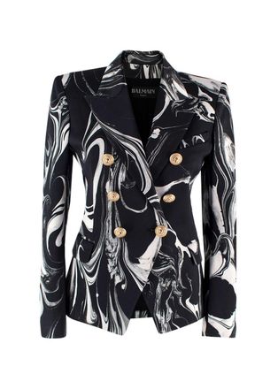 Balmain Black Marble Printed Satin Double Breasted Blazer Size XS