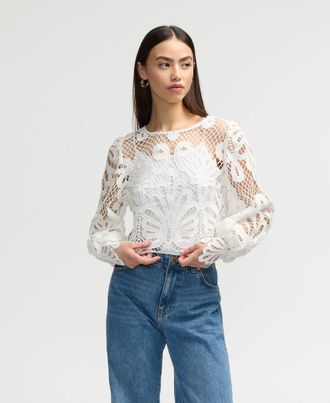 NVLT Womens Lace Top with Blouson Sleeves