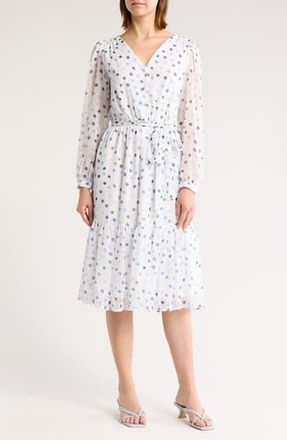 DKNY Polka Dot Long Sleeve Chiffon Midi Dress in Silver Cloud at Nordstrom Rack, Size 10