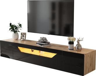 STILVORA Mueble Tv Suspendido Con 3 Compartimentos Y Led, Frontal Brillo, En Tablero De Part&iacute;culas, Negro Y Madera, 180&times;37&times;36 Cm