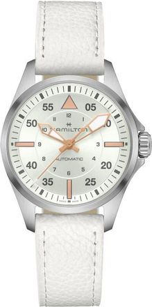 Hamilton Khaki Aviation Pilot Automatic Leather Strap Watch, 36mm in Silver at Nordstrom