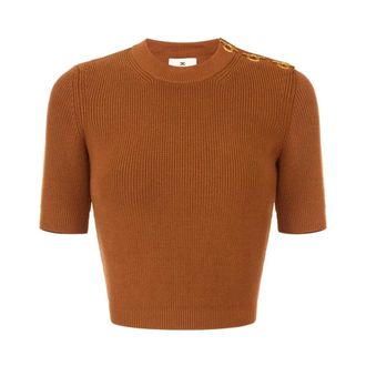 Elisabetta Franchi Truien & Vesten, Dames, Bruin, M, Polyester, Gebreide top met juweeldetails