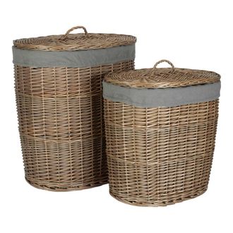 Red Hamper Set of 2 Antique Wash Grey Cotton Lined Oval Willow Laundry Basket in Brown