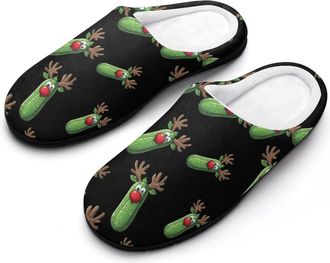 Generic Cucumber Pickle with Brown Antlers Cotton Slippers for Women Indoor Outdoor Slipper Slip-On Memory Foam Home Shoes