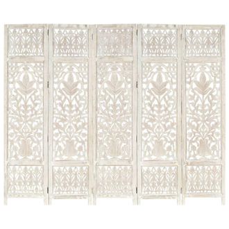 Berkfield Home Hand carved 5-Panel Room Divider White 200x165 cm Solid Mango Wood