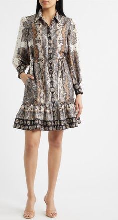 Julia Jordan Mixed Paisley Long Sleeve Shirtdress in Sand Multi at Nordstrom, Size 14