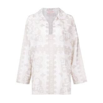 Valentino Overhemden, Dames, Wit, S, Katoen, Geometrisch-Geprint Zijde-Katoenen Shirt