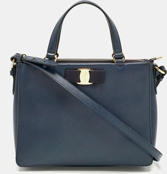 Ferragamo Navy Blue Leather Vara Bow Tote