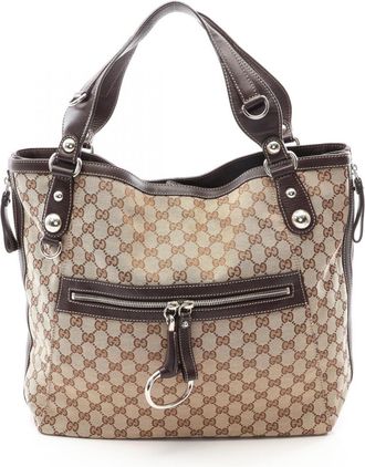 Gucci Beige Brown Canvas Leather Handbag Tote Bag (Pre-Owned)