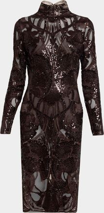 Elie Saab Sequined Lace Mock-Neck Long-Sleeve Dress