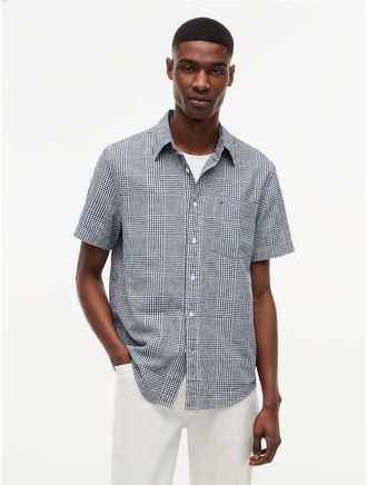 Tommy Hilfiger Mens Regular Fit Glen Plaid Linen-Blend Shirt - Navy - XXL