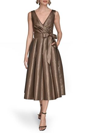 DKNY Metallic Jacquard Pleated Faux Wrap Cocktail Dress in Vicuna at Nordstrom, Size 14