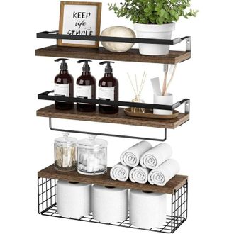 OEM Juego De 3 Estantes Flotantes Con Cesta De Almacenamiento, Estantes De Pared R&uacute;sticos De Madera Para Ba&ntilde;o, Dormitorio, Sala De Estar, Cocina (marr&oacute;n)-