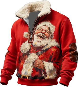 Generic Mens 1/4 Zip Christmas Sweatshirt Casual Christmas Printed Design Sweaters Long Sleeve Stand Collar Warm Fleece Sweatshirt Classic Mode Printed Plus S