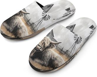 Generic Highland Cow Barn Vintage Mens Flannel Slipper Soft Comfy House Shoes Non Slip Winter Warm Indoor Outdoor Slippers