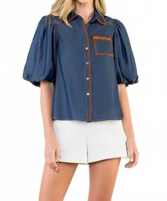 THML Clothing Stitched In Style Puff Sleeve Denim Top In Blue