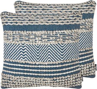 Beliani Conjunto De 2 Cojines De Algod&oacute;n Beige Azul Patr&oacute;n Geom&eacute;trico 45 X 45 Cm Hecho A Mano Con Relleno Boho Dewberry