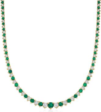 Ross-Simons Emerald and Diamond Tennis Necklace in 18kt Gold Over Sterling