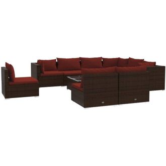 vidaXL Set Muebles De Jard&iacute;n 10 Pzas Y Cojines Rat&aacute;n Sint&eacute;tico Marr&oacute;n Vidaxl