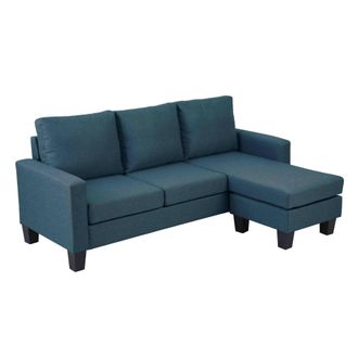 Oviala Sof&aacute; esquinero 3 plazas con chaise longue de tela, azul L 192 cm