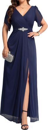 Ever-pretty Mother of The Bridesmaid Dress V-Neck Short Sleeve Side Slit Chiffon Navy Blue 16