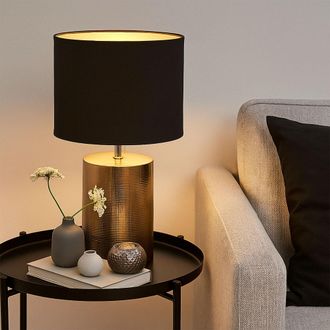 Fischer & Honsel Fischer&honsel - Lampada Da Tavolo Soggiorno Lampada Da Comodino In Ceramica Cromo Nero, Paralume In Tessuto, 1x Attacco E14, Dxh 18,5x33 Cm