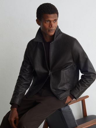 Reiss Dark Brown Leather Collared Zip-through Jacket, XL