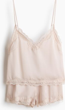 H&M Nachtw&auml;sche aus Satin mit Spitzenbesatz - Hellbeige