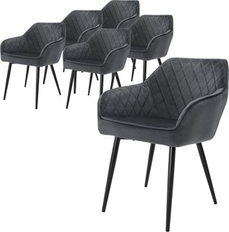 ML Design Ml-design - Set 6x Sillas De Comedor Antracita Estilo Moderno Asiento Tapizado Aspecto Terciopelo Patas De Metal Negras Con Respaldo Y Apoyabrazos Sil