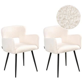 Beliani Conjunto De 2 Sillas De Comedor Modernas Asiento Tapizado En Tela Boucl&eacute; Con Reposabrazos Acolchado Blanco Sanilac