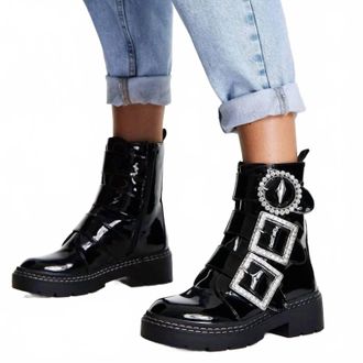 River Island Womens Rhinestone Buckle Boots In Black