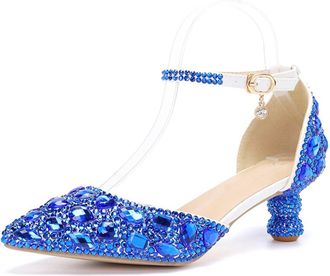 Minitoo Womens Closed Toe Low Heel Wedding Formal Party Pumps Shoes with Decoration G002 Royal Blue Rhinestone UK 7.5